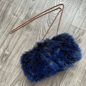 Blue & Black Fur Clutch with Optional Rose Gold Chain